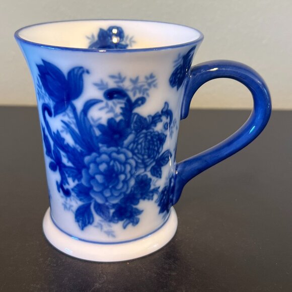 Vintage Flow Blue Transferware Floral Porcelain Cup Mug w/ Spoon ~ Cobalt Blue - Picture 3 of 14